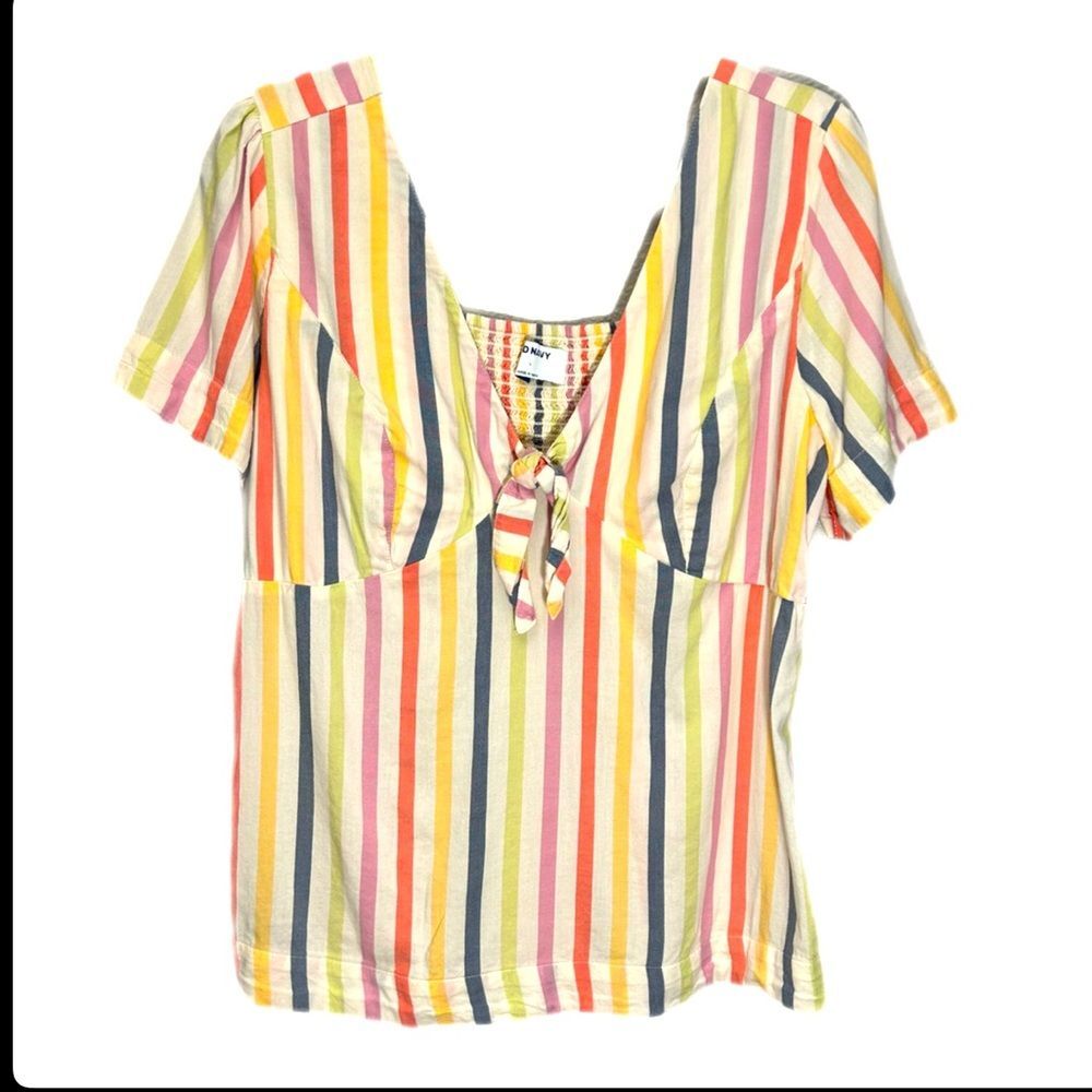 Old Navy Blouse Women's Sz Large Multi-Color Rainbow Striped V-Neck Elastic Back